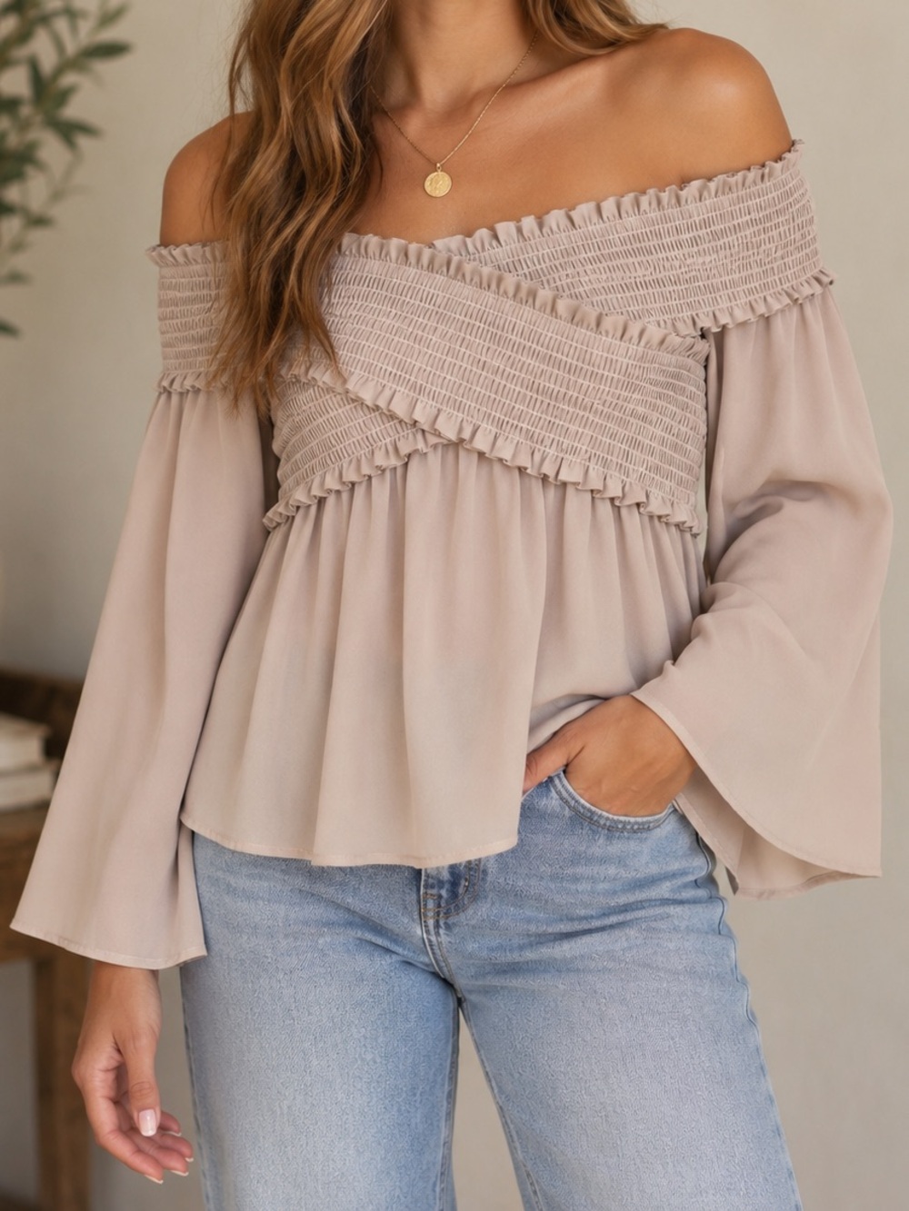 VICI Off Shoulder Smocked Blouse Small NWT Sandshell Bell Sleeve Boho Ruffle